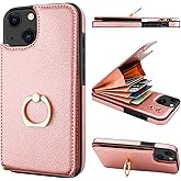 Folosu Compatible with iPhone 13 Case Wallet with Card Holder, 360°Rotation Finger Ring Holder Kickstand Protective RFID Blocking PU Leather Double Buttons Flip Shockproof Cover 6.1 Inch Rose Gold