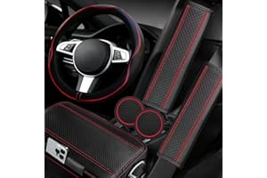 NBTEPEM 6 PCS Car Steering Wheel Cover Set, Microfiber Leather Steering Wheel Covers Universal 14.5-15 inch, Center Console Cover, Seat Belt Cushion, Cup Holder Coaster, Car Accessories Set Red