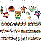 Ferreve 64 Pcs Summer Beach Favors Keychain Gifts Set Wooden Sea Turtle Surfboard Flip Flop Flower Shell Glasses Keychains Bulk Luau Pool Key Chains for Summer Tropical Hawaiian Party Supplies