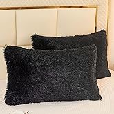 LIFEREVO 2 Pack Faux Fur Pillow Shams,Shaggy Plush Home Decorative Luxury Series Super Soft Furry Pillow Case with Zipper Closure for Home Sofa Couch Decoration,Standard (Black,20"x26")