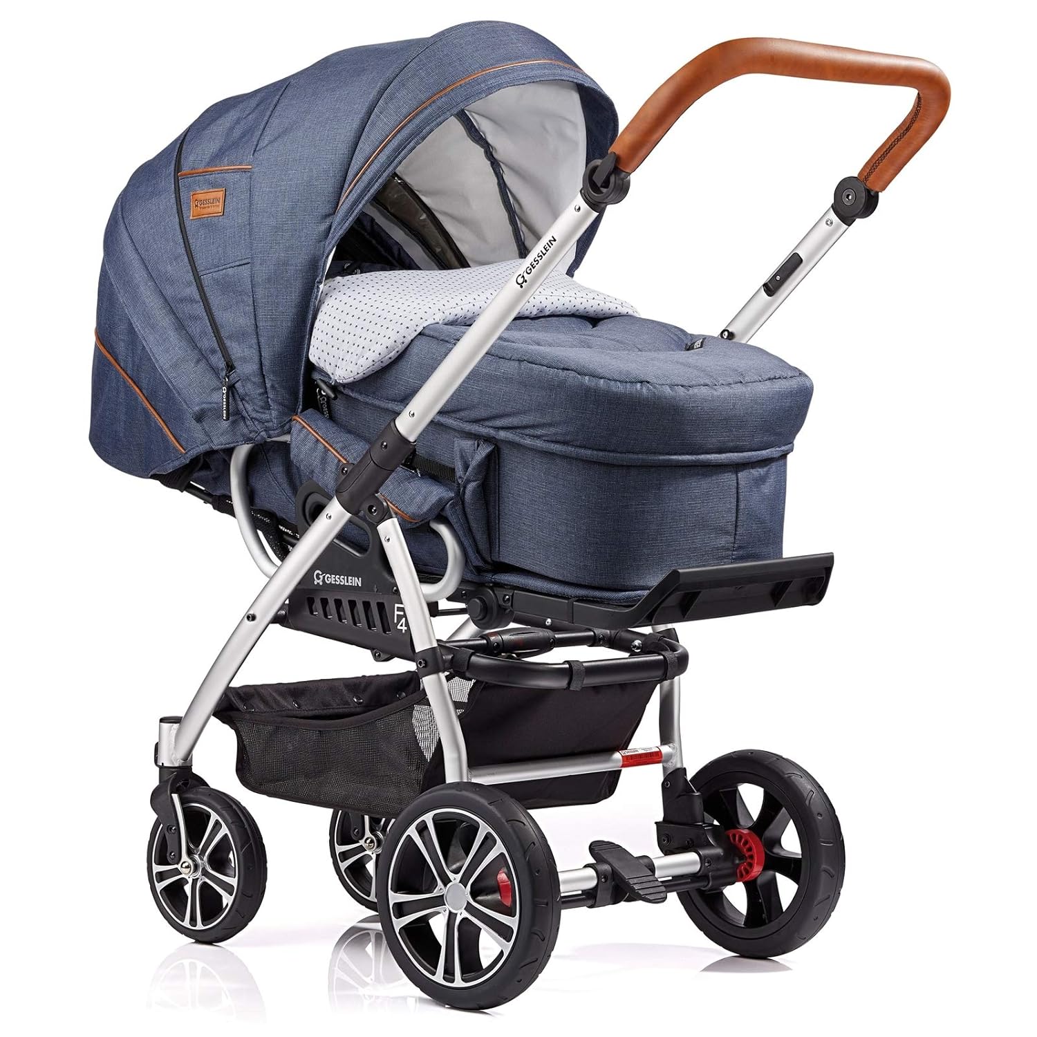 Gesslein Kombi-Kinderwagen F4 Air+ | Gestell: silber eloxiert | Lederschiebegriff: cognac | inkl. C2-Compact Tragetasche | Design: 063063