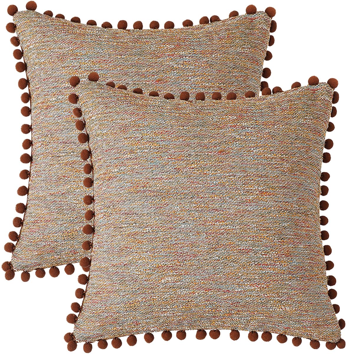 Tennove Cushion Covers 45x45cm Decorative Boucle Pillow Covers with Fluffy Pompoms Soft Boho Throw Pillowcase Set of 2 for Sofa Bed Home Decor, Brown