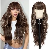 NAYOO Brown Wigs with Bangs for Women Long Curly Wavy Hair Wigs Heat Resistant Synthetic Fiber Wigs for Daily Party Use 24 Inches (Brown Mixed Blonde)