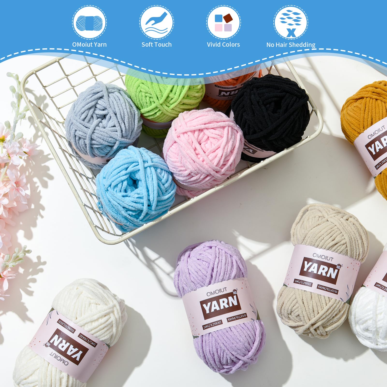 24 Pack Chenille Velvet Yarn - Baby Yarn for Crocheting Soft - Amigurumi Yarns Set with 1200g(1574yd) Crochet Yarns Crochet Hook、Stitch Markers、Fluffy Stuffing、Accessories