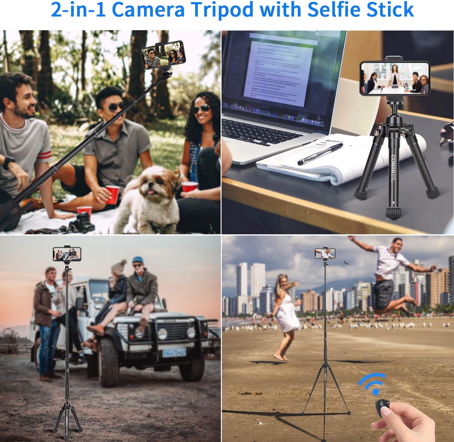 63" Tripod, COMAN Premium Phone Tripod, Portable All-in-One Professional Camera Tripod, Lightweight Aluminum, Bluetooth Remote for iPhone & Android Devices, Non Skid Tripod Feet: Camera & Photo