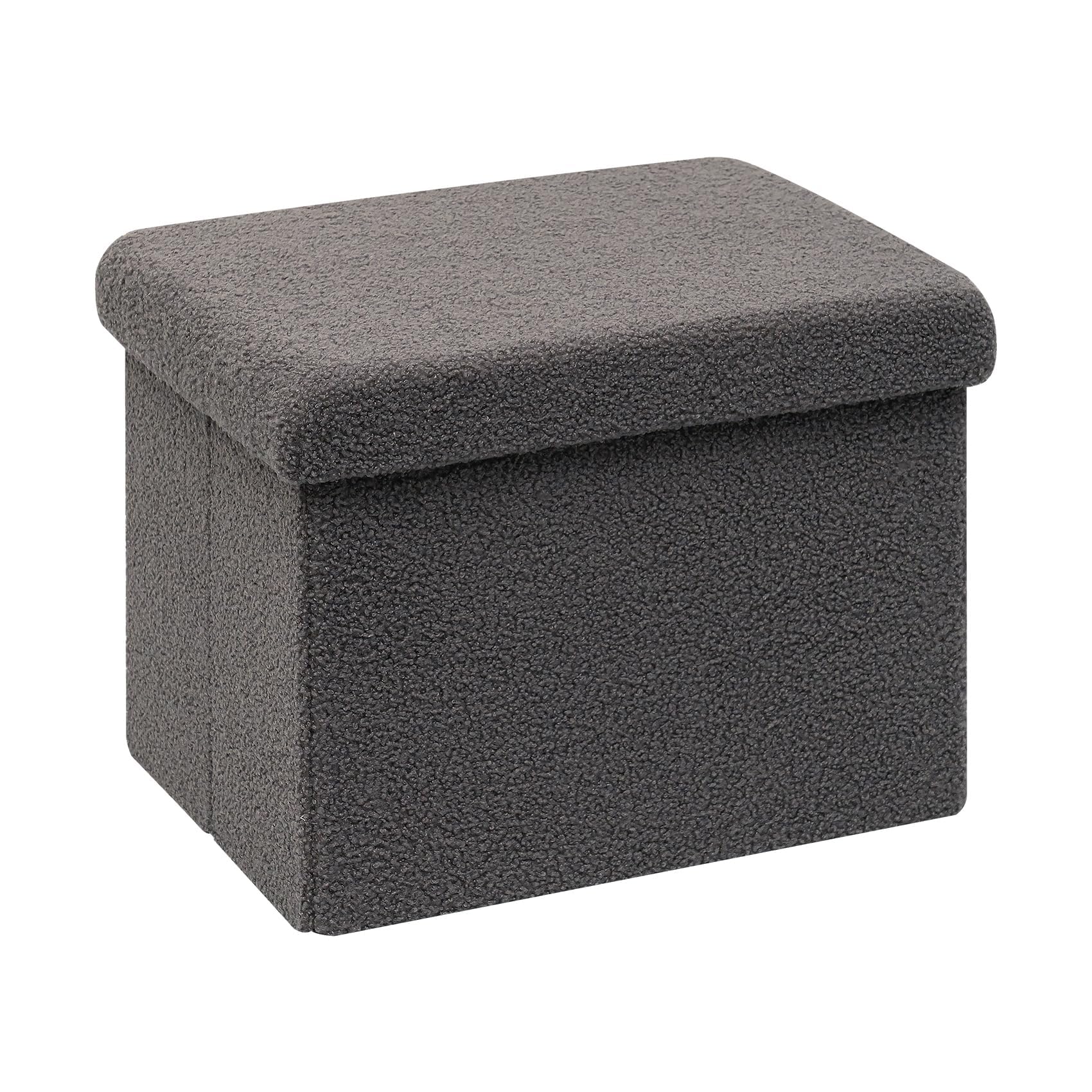 Bonlife Ottoman Seat with Storage,Folding Small Footstool for Living Room,Cube Toy Chest Box,Foot Rest,Sherpa Fabric,Grey,42x32x32cm