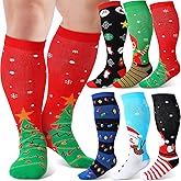 Jamntower 6 Pairs Plus Size Christmas Wide Calf Compression Socks for Women Men 20-30mmHg Support for Circulation