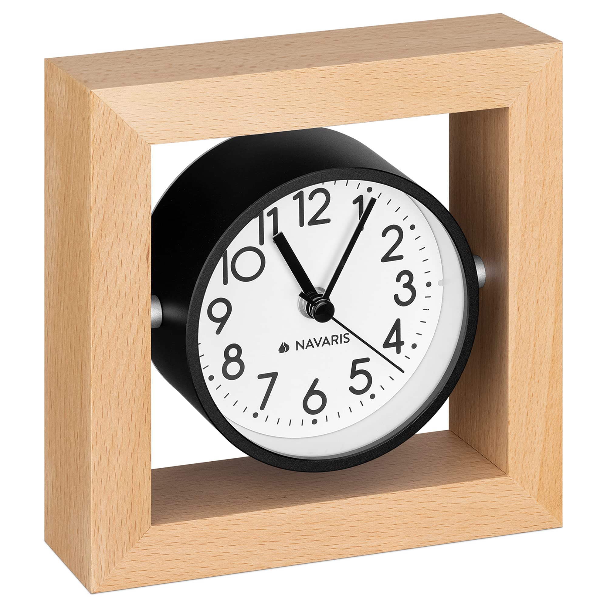 Navaris Analogue Wooden Clock - Square Wood Clock with Silent Movement for Desk, Tabletop, Countertop, Shelf - Mantel Clock - Light Brown, White Face