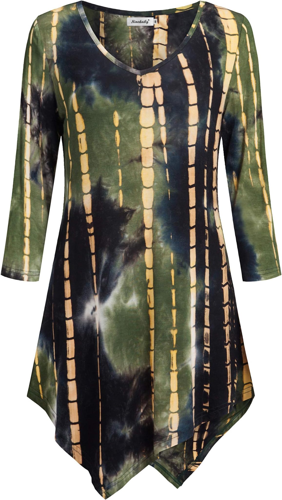 Ninedaily Tie Dye Tunic 3/4 Sleeve V Neck Asymmetrical Womens Dressy Blouse Tops