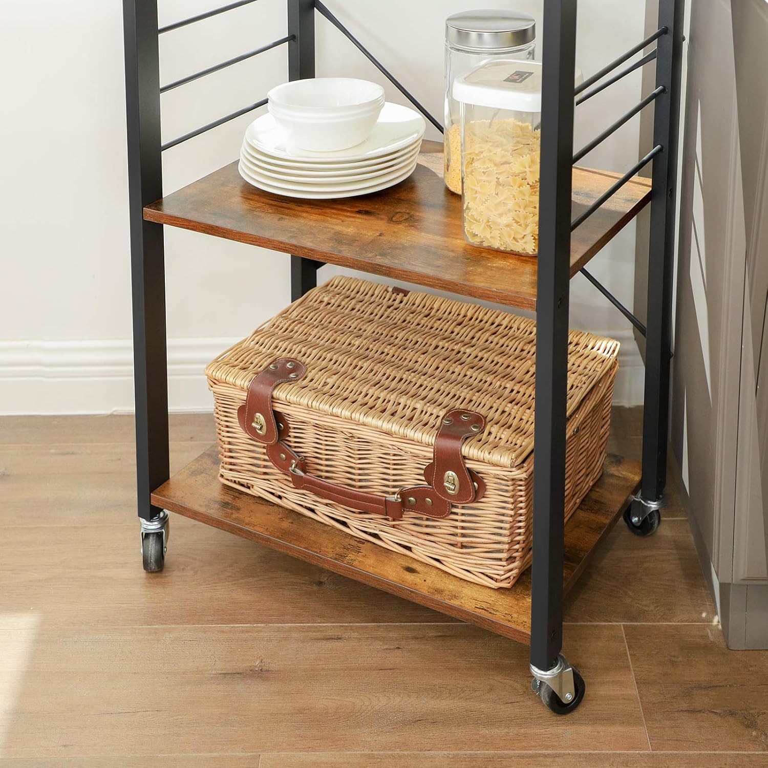 VASAGLE ALINRU Kitchen Baker’s Rack, Microwave Oven Stand Storage Cart, 3-Tier Serving Cart with Metal Frame and 6 Hooks, Industrial Design, Rustic Brown UKKS60XV1 - Standing Baker's Racks