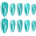 Sun&Beam Nails Handmade Press-on Medium Long Almond Nile Blue Cat Eye Design Charming False Nail Tips 10 Pcs (#119 S)