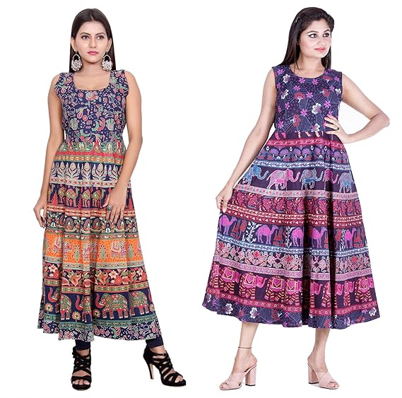 Combo Women`s Long Cotton Jaipuri Maxi Dress Set of 2 Maxi Dress (Free Size, Size-S-XXL)