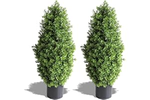 DAMOMO Artificial Topiary Boxwood Trees, 2.5ft Outdoor Fake Tower Topiaries Shrubs Tree, 2 Packs Faux Bushes Potted Green Plants Decorative Indoor Porch or Garden（30inch）