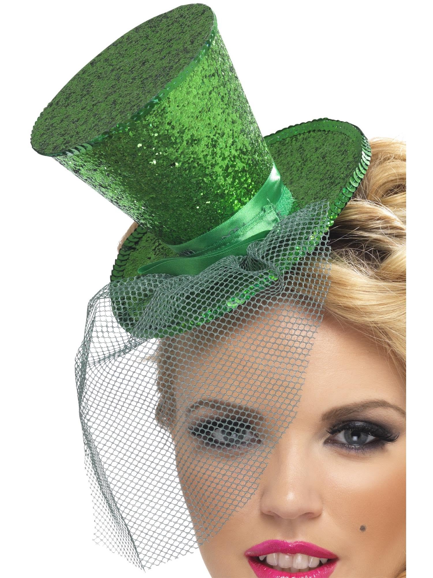 Smiffys Fever Mini Top Hat on Headband, Green with Detachable Netting, Fever Accessories Fancy Dress, Fever Dress Up Hats