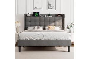 Einhomn Full Size Bed Frame, Upholstered Platform Bed Frame with Charging Station, Modern Wingback Storage Headboard, Solid Wood Slats Support, No Box Spring Needed, Dark Grey