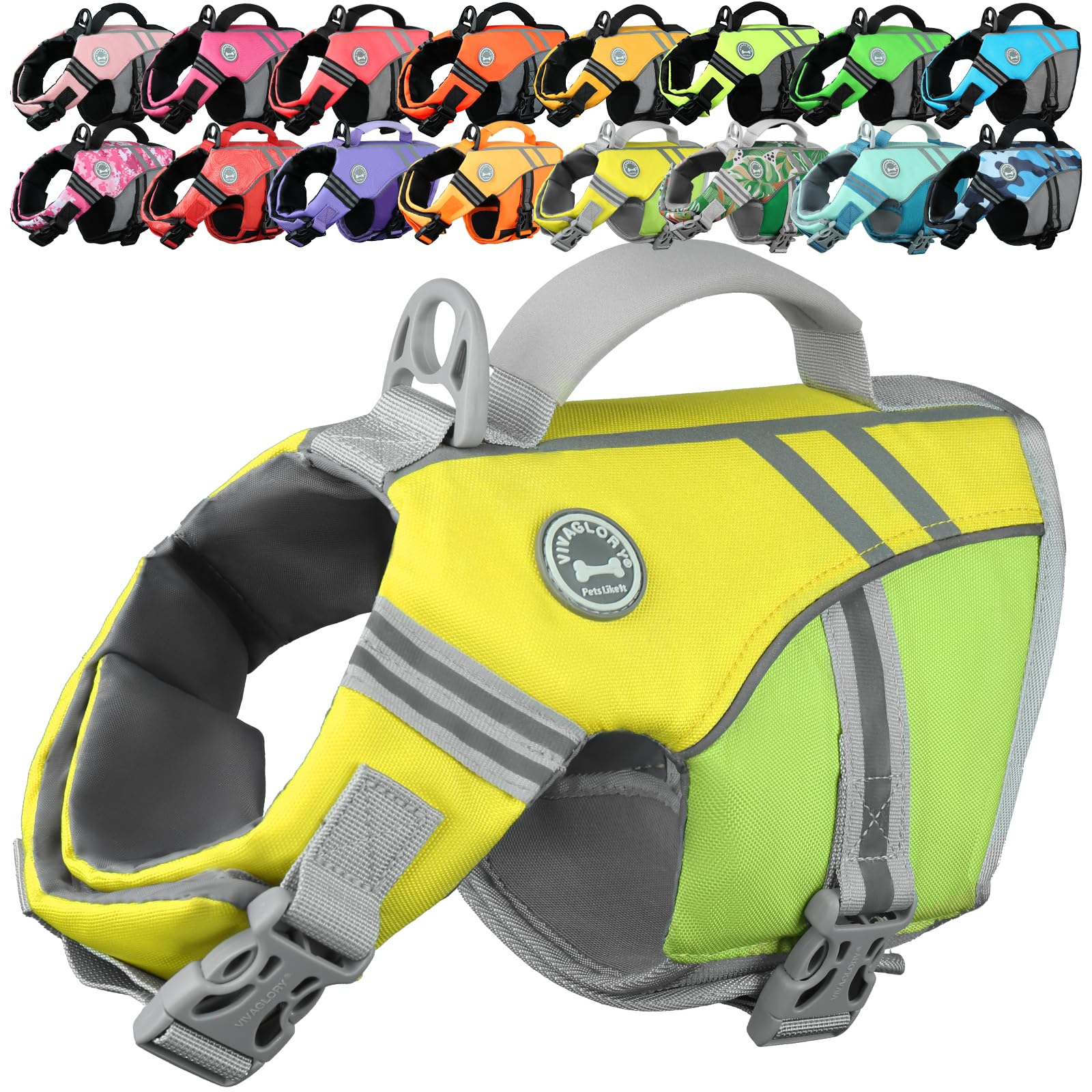 VIVAGLORY Sports Style Dog Life Jacket, Dog Buoyancy Jacket for Swimming & Boating, Ripstop & Buoyancy for Doggy, Life Vest with Handle, XS, Yellow Grey