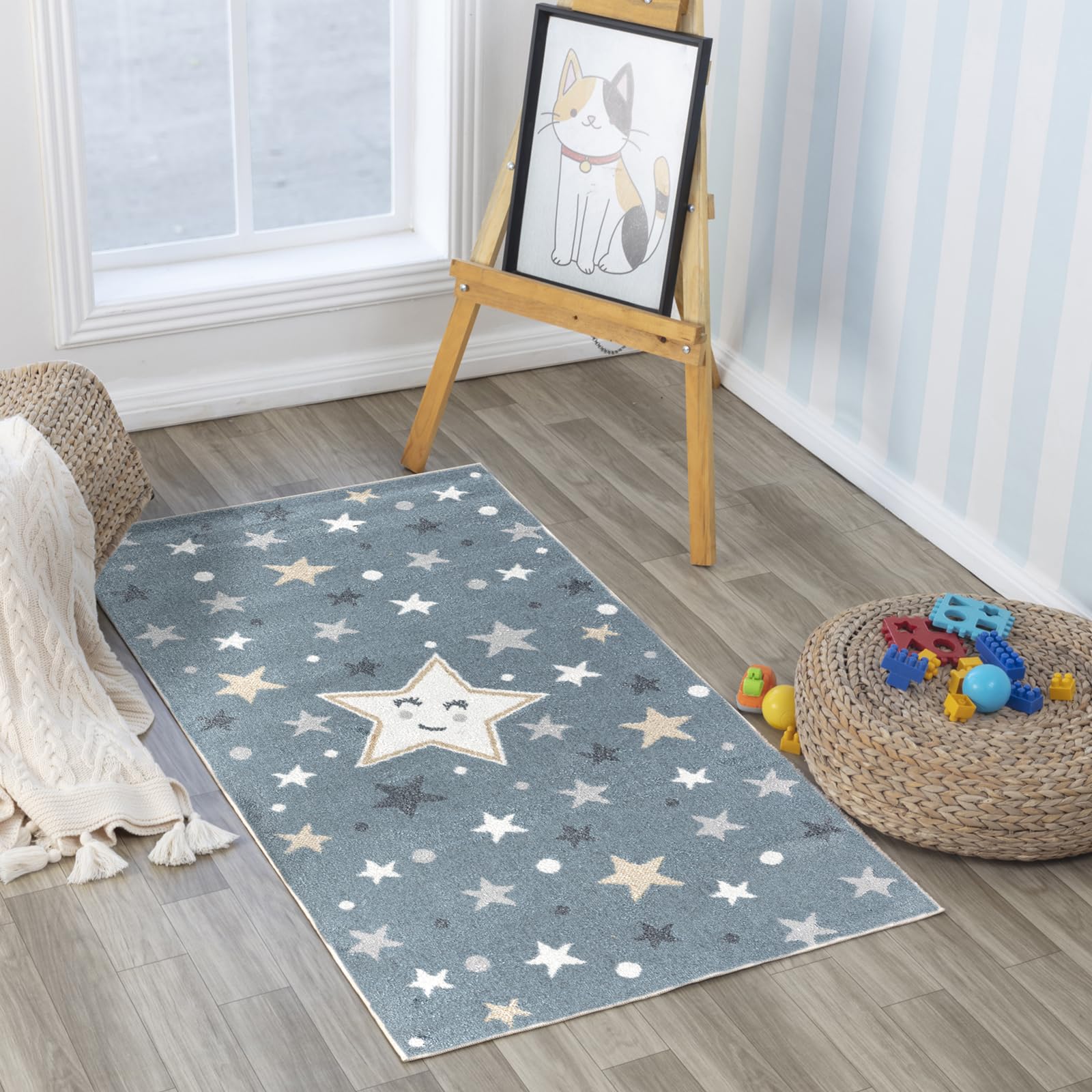 Livabliss Supermama Stars Kids Rugs for Bedroom 80x150 cm, Machine Washable Animal Rug for Girls & Boys Bedroom, Playroom and Nursery Rugs - Girl, Boy, Baby, Kids Carpet, Grey