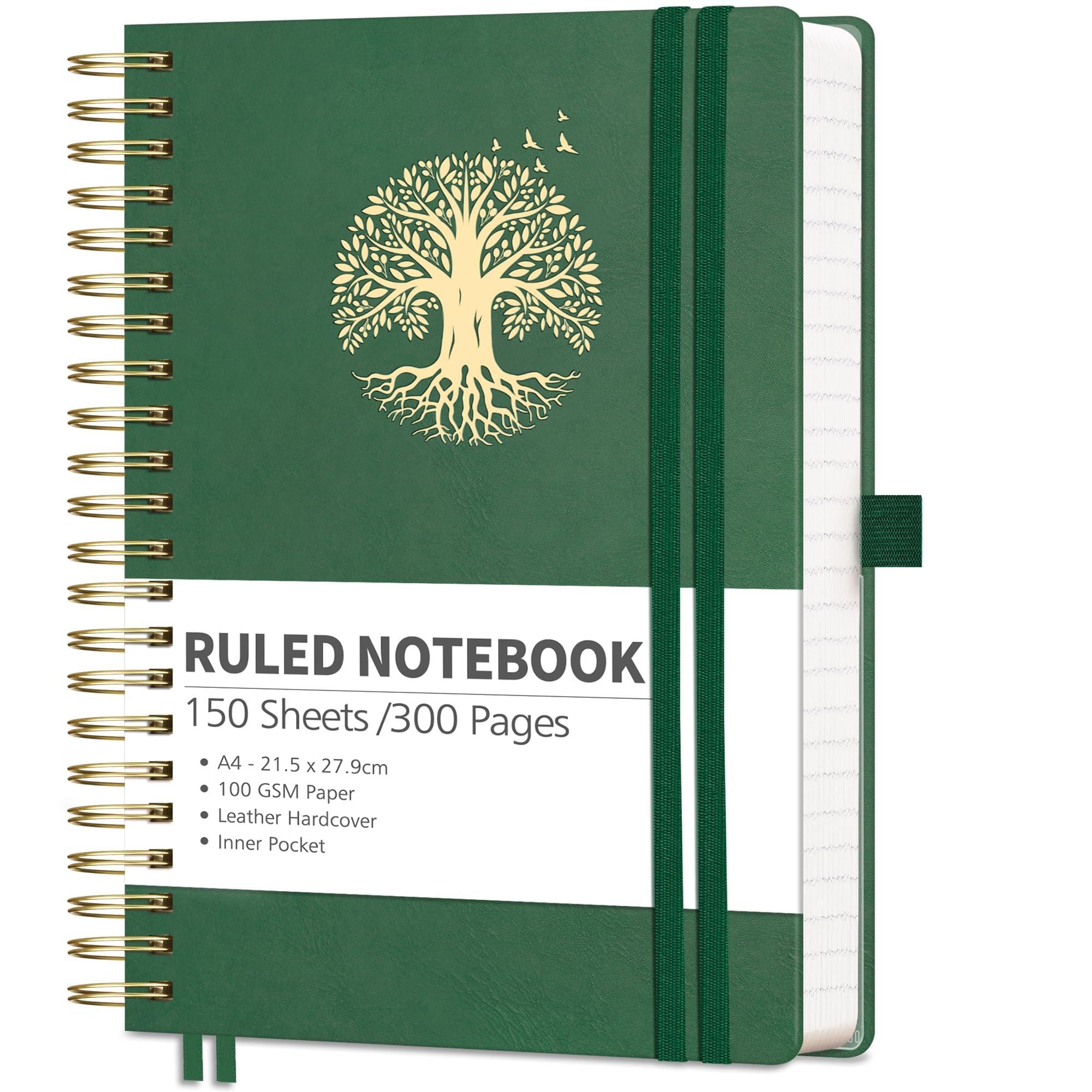 RETTACY A5 Graph Paper Notebook, Grid Journal Squared Notebook, 300 Pages,Inner Pocket,Leather Cover,14.5 x 20.7cm - DarkGreen — image 1