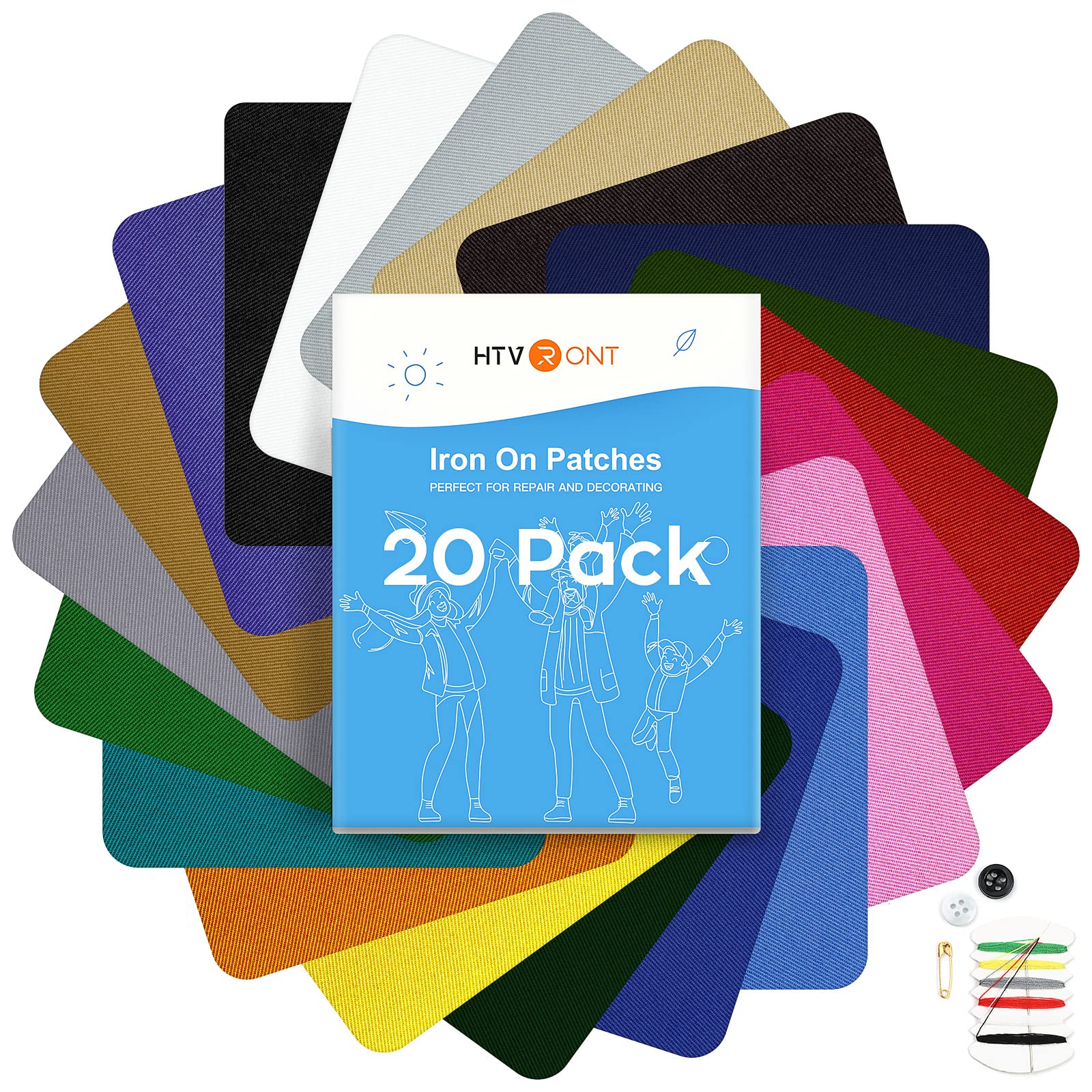 HTVRONT Iron on Patches for Clothing Repair, 20 PCS Multi-Colored Fabric Patches for Clothes Repair, 20 Shades Iron Patches for Clothes, Clothing Repair Decorating Kit 3.7