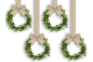 WILLBOND 4 Pcs Christmas Kitchen Cabinet Wreath Boxwood Garland with Ribbon Greenery Garland Hanging Wreaths for Cabinet Wall Window Door Fireplace Party Farmhouse Decor(Burlap,Linen)