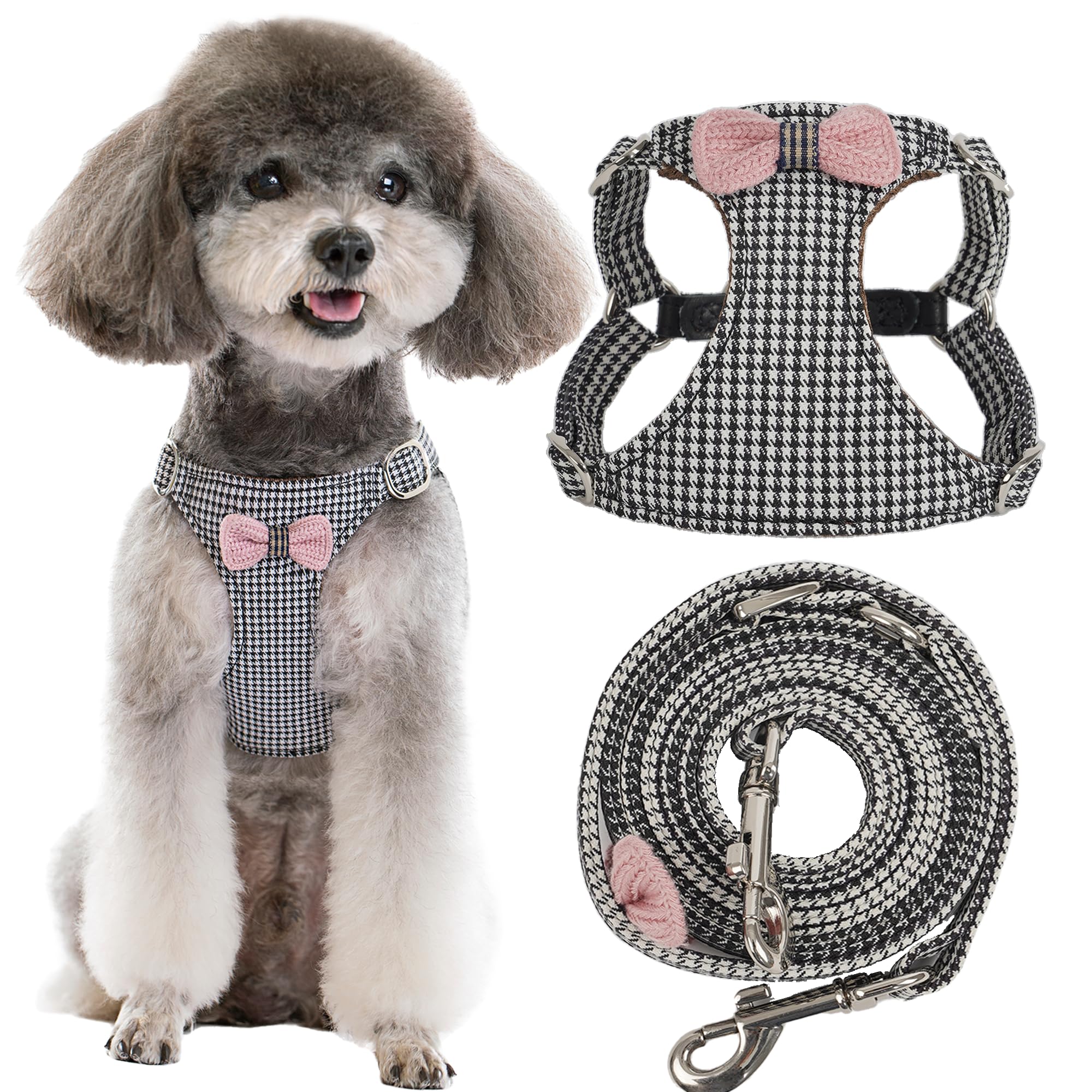 Puppytie No Pull Dog Harness with Multifunction Dog Leash,Soft Adjustable No Choke Escape Proof Pet Harness Vest,Knitted Black-White,XXS