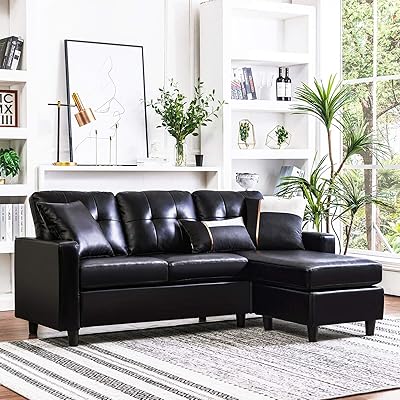 HONBAY Convertible Sectional Sofa Couch, L-Shape Leather Black