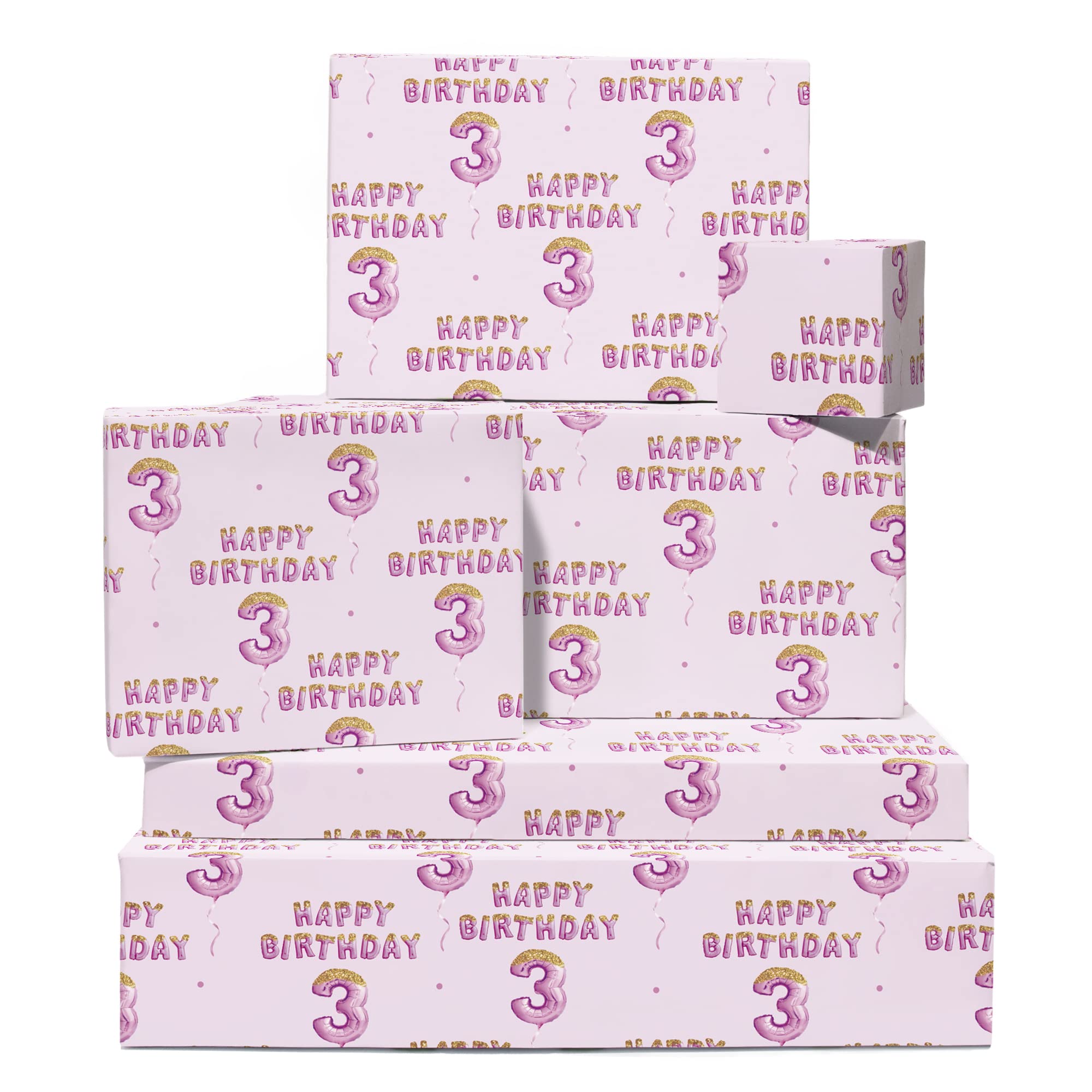 Birthday Wrapping Paper For Girls - 6 Sheets Pink Wrapping Paper - Age Three - Happy 3rd Birthday Gift Wrap For Her - Comes With Stickers - Recyclable - By Central 23