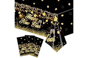 CIEOVO 3 Pieces Happy New Year Tablecloths Plastic Black Gold New Year Table Cover Disposable Rectangle New Year Tablecloths for 2024 New Years Eve Party Decorations Supplies
