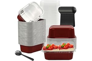 BAKINGPAK Mini Aluminum Pans With Lids, 50PCS 5.5OZ Mini Cake Pans With Lids Foil Baking Cups Cupcake Liners with Lids Individual Cake Cups with Lids for Mothers Day Gifts from Daughter Son,Dark Red