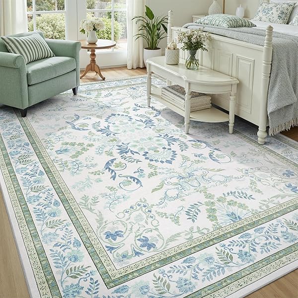DCX GREEN 9X12 RUG, KID & PET FRIENDLY WITH RUBBER BACK NON SLIP, MACHINE WASHABLE STAIN RESISTANT BOTANICAL FLORAL RUG FOR LIVING ROOM, BEDROOM, SOFT LOW PILE LARGE NURSERY CARPET
