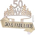 Semato 50 & Fabulous Birthday Crown and Sash Kit- 50th Birthday Gifts for Women 50th Birthday Party Supplies (gold)