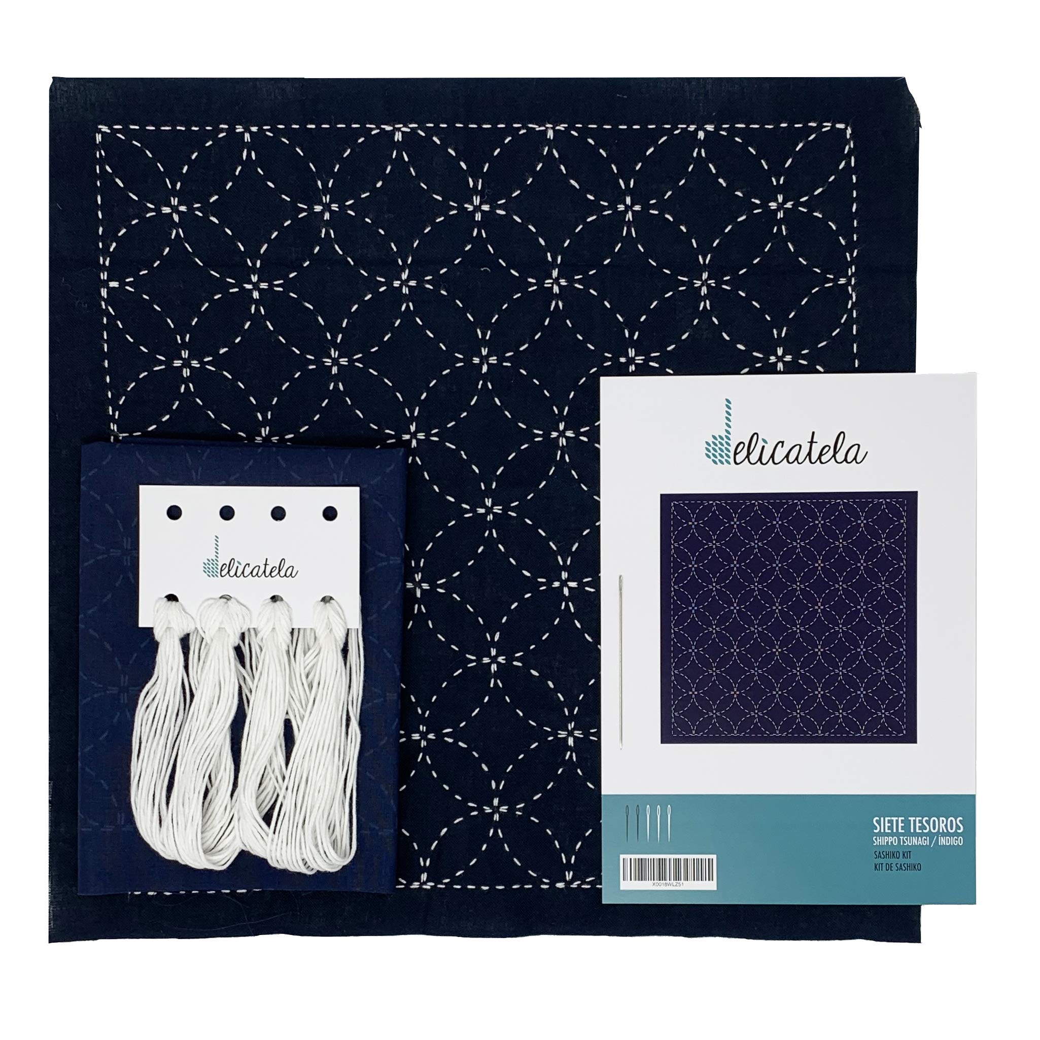 Sashiko | Japanese Embroidery Kit | Fabric 68cm x 34cm Pre-Stamped (30cm x 30cm) | Natural Thread | Long Needle | Embroidery Instructions | Seven Treasures Design | Delicatela (Indigo Blue)