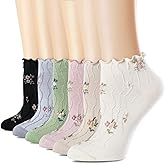 bropapa Women‘s Ruffle Ankle Socks,Vintage Patterned,Short Casual Dress Sock,Cute Princess Lettuce Floral Socks 6 Pack
