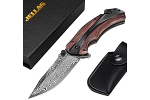 JELLAS Damascus Pocket Knife for Men, Folding Knife Outdoor Tactical Knives for Hunting Fishing Camping, 3.7" Handmade Damascus Steel Blade, Liner Lock, Christmas Gifts for Men Women Dad Husband Boyfriend
