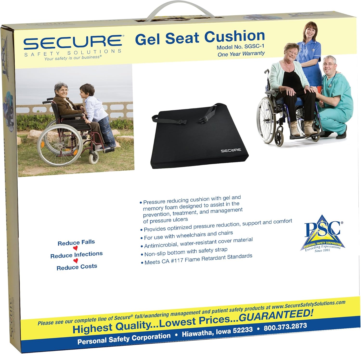 Secure SGSC-1 Gel Wheelchair Cushion with Safety Strap - Gel and Foam Orthopedic Seat Pad for Back Support + Coccyx Tailbone Comfort + Pressure Sore Decubitus Ulcer and Sciatica Pain Relief - 18x16x3: Home & Kitchen