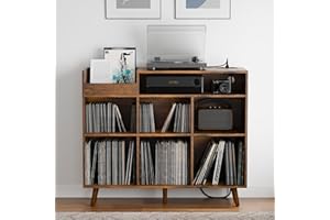 Cozy Castle Large Record Player Stand, Vinyl Storage Cabinet Mid Century Modern Turntable Stand Media Console Table Open Shelf Cube CD Album Holder Organizer for Living Room, Office, Rustic Brown