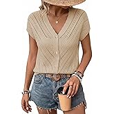 Dokotoo Short Sleeves Summer Crochet Tops V Neck Sweaters Cardigans for Women 2026 Cap Sleeves Button Down Lightweight Tops