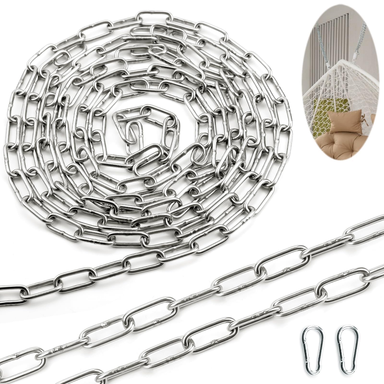 SWTYExt Stainless Steel Chain with Carabiner Steel Chain 2 m Diameter 3 mm Stainless Steel Chain V4A Link Chain Sold by the Metre Round Steel Chain Extension Chain for Dog Chain,