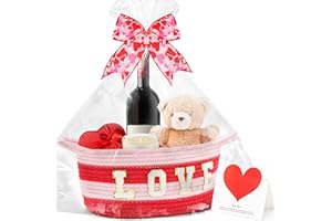 BRBECON Small Woven Basket with Gift Bag Bow and Greeting Card, Basket for Gift Empty with "Love" Alphabet Stickers, Cute Baby Gift Basket for Nursery, 12 x 8 x 5.5" Rope Basket with Handles(Red & Pink)