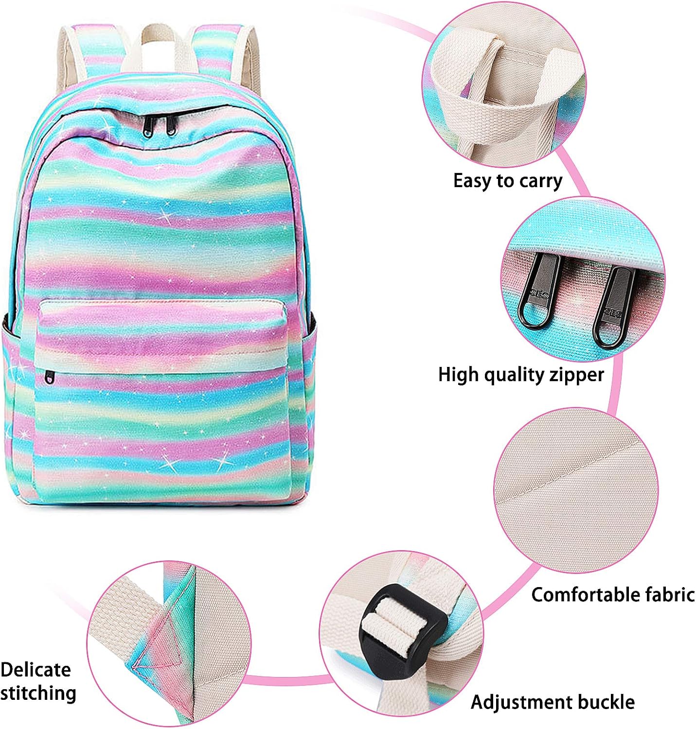 Xinveen Striped Rainbow Backpack Kids Twinkle School Bag Lightweight Laptop Backpack Multifunction Travel Daypack Gift for Teen Girls Women - Image 5