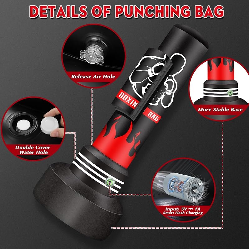 Saco de Boxeo180cm-Saco de Boxeo Pesado autoinflable Mejorado con Guantes y Bomba de Aire incorporada, Saco de Kickboxing y Hombres para Entrenamiento MMA Muay Thai Fitness Principiantes