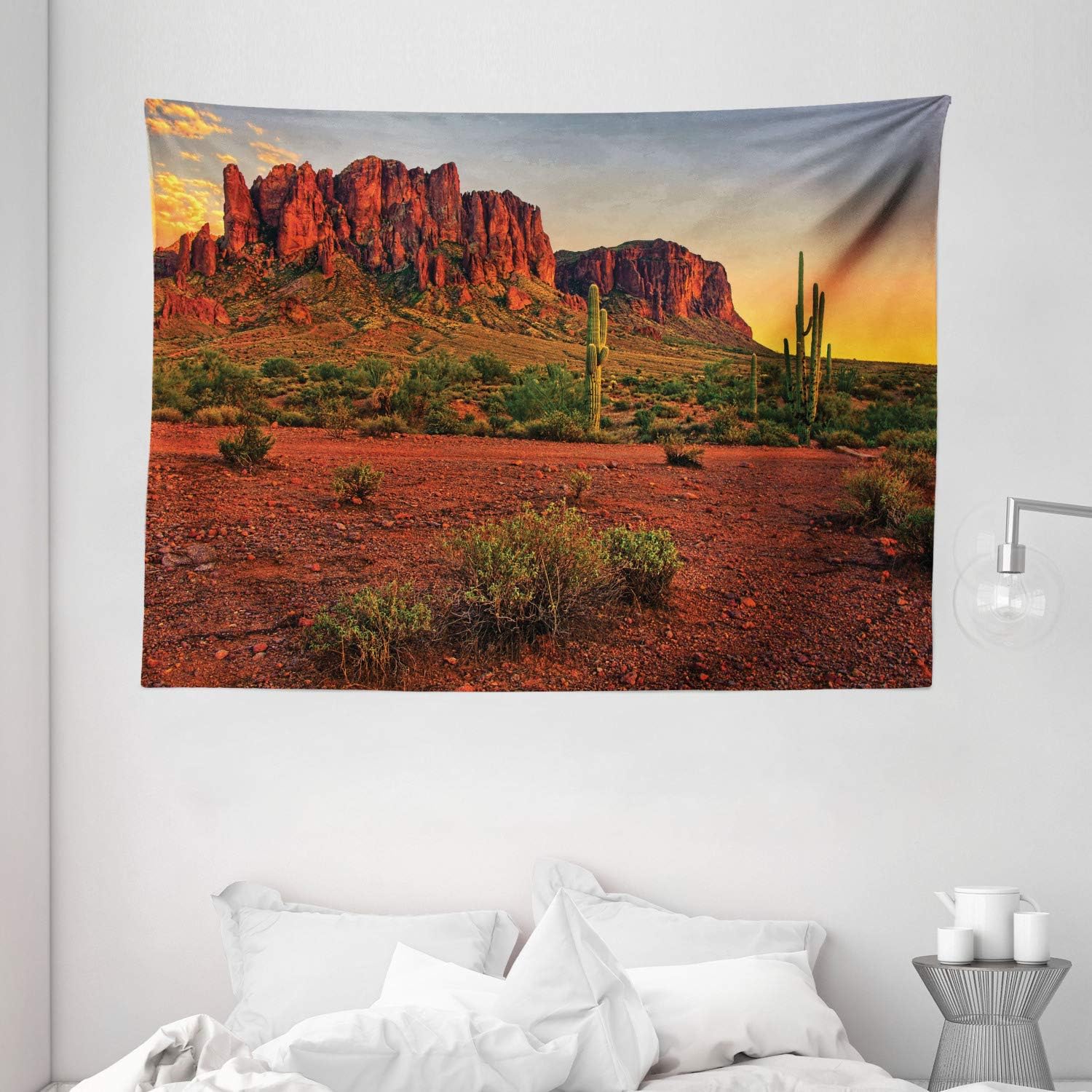 Ambesonne Saguaro Tapestry, Colorful Sunset View of The Desert and Mountains Near Phoenix Arizona USA, Wide Wall Hanging for Bedroom Living Room Dorm, 80
