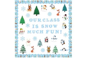 BkeeCten Christmas Winter Bulletin Boards - 105 Pcs Winter Snowflake with Penguin Tree Designs & Glue Points for Our Class is Snow Much Fun Paper, Christmas Xmas New Year Party, School Activities