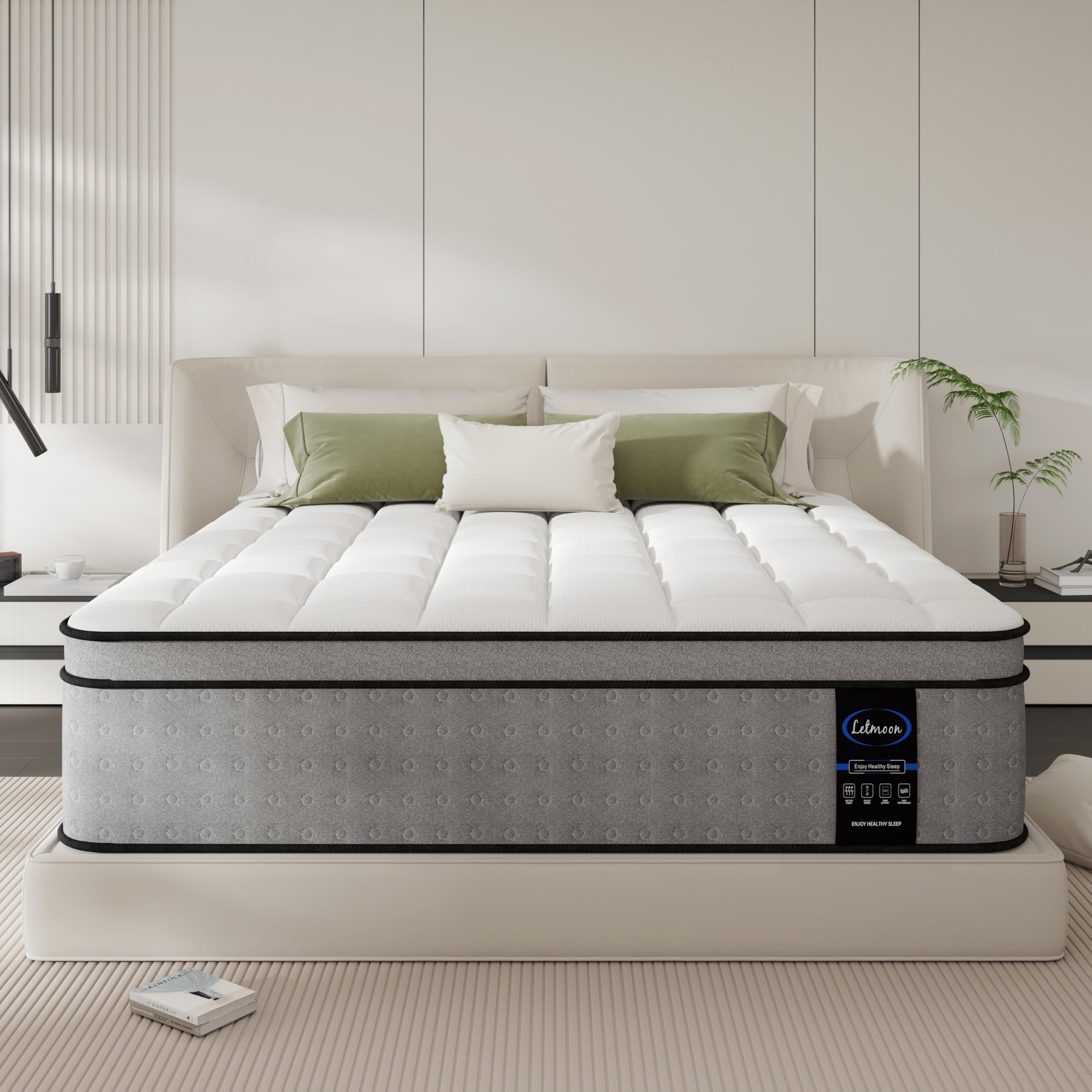Photo 1 of LETMOON 14 Inch King Size Mattress, Hybrid Memory Foam Mattress, Medium Firm for Side & Back Sleepers, Motion Isolation, Reinforced Edges, Targeted Back Support, No Fiberglass, Bed in a Box