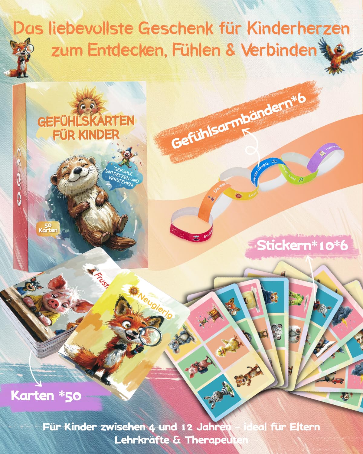 Gefühlskarten Kinder – 50 Emotionskarten für Empathie & Selbstbewusstsein Kinder 3–12 | robust mit Soft-Touch | inkl. Sticker & Armbänder 6