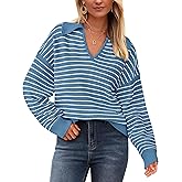 BTFBM Women's Striped Long Sleeve Sweater V Neck Lapel Collar 2024 Fall Winter Fashion Ribbed Knit Loose Pullover Tops