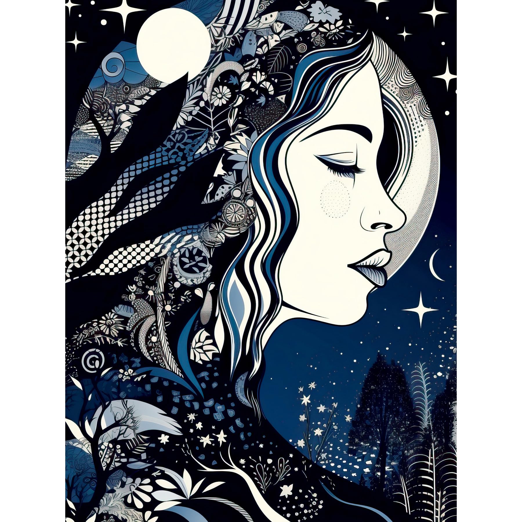 Artery8 New Moon Goddess Winter Moonlit Witchy Forest Starry Night Mother Nature Boho Patterns Extra Large XL Wall Art Poster Print