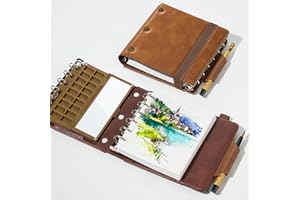 Portable Watercolor Sketchbook Set - 100% Cotton Hot Press 5.1x4.3 Inch 20Sheets Binder Art Journal with 18-Well Ceramic Pain
