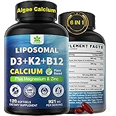 6-in-1 Plant Based Calcium Supplements for Women Men- Calcium 600mg w/ D3 K2 5000 IU Vitamin, Liposomal & Algae Ca-lcium Magnesium Zinc + Vegan Vitamin D 5000 IU + K2 MK7 + Methyl B12 for Bone, 1 Pack
