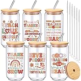 Amyhill 6 Pack Christmas Teacher Appreciation Gifts Thank You Glass Cups with Lids and Straw, 16 oz Glass Tumbler Thank You Graduation Gifts for Teachers Professors Coworkers(Simple Style)